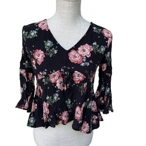 American Rag Floral Top Blouse Womens Sz XS Black Lace Up Back Bell Sleeves Boho